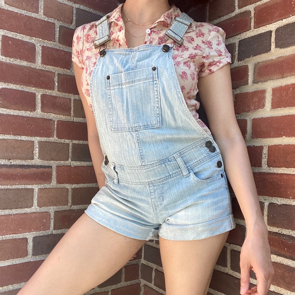 Mission light wash distressed denim short overalls